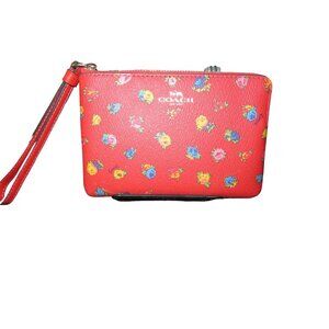 COACH Corner Zip Wristlet Miami Red Rose Print 4 X 6